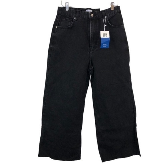 Bershka The Wide Crop Denim Jeans Black New - Picture 3 of 11